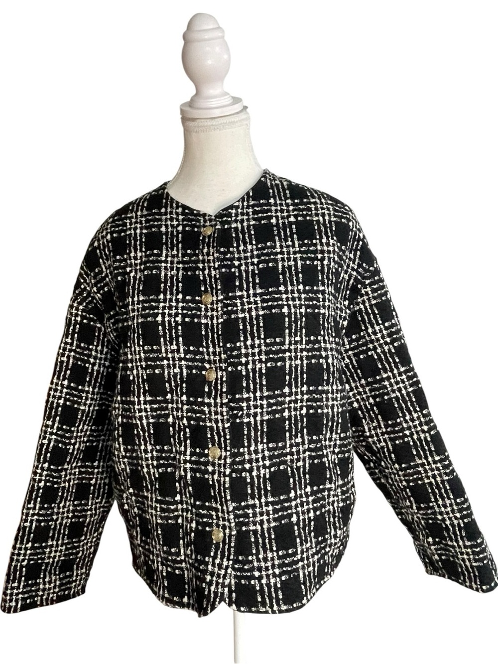 Zara Textured Weave Tweed Quilted Jacket Black White